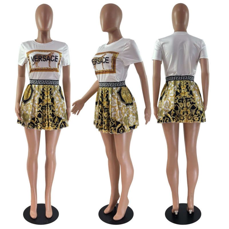 Printed top pleated skirt suits 